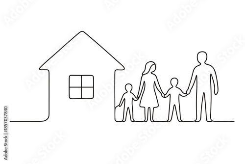 Simple line art of a family holding hands in front of a house