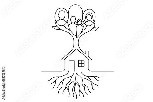 Family tree with house and roots symbolizes home and heritage
