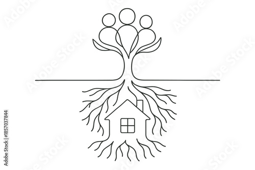Family tree with roots forming a house, symbolizing home and belonging