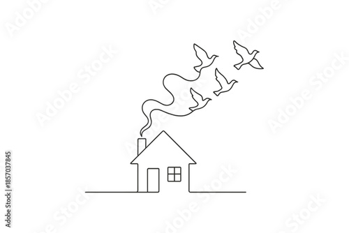 Minimalist single line drawing of a house with birds flying out of the chimney