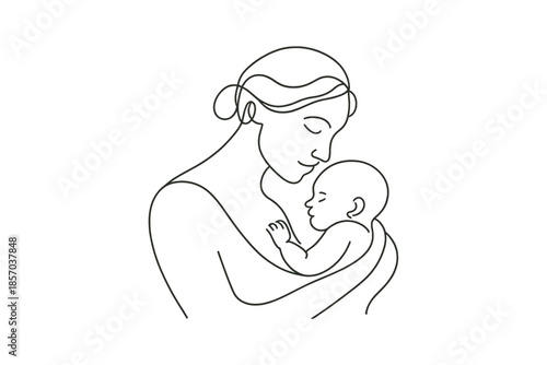 Minimalist line art of a mother tenderly holding her sleeping baby close