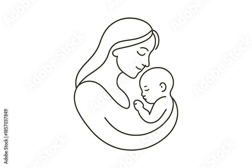 Mother holding her baby tenderly in a minimalist line art style