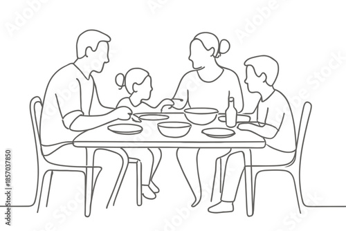 Family enjoying a meal together at a dining table, depicted in a simple line art style