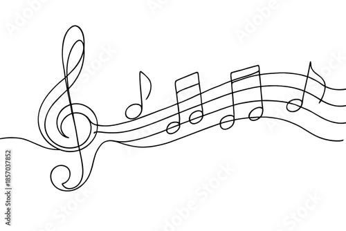 Elegant single line drawing of a treble clef and musical notes on staff