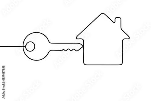 Minimalist single line drawing of a key entering a house outline, symbolizing home ownership