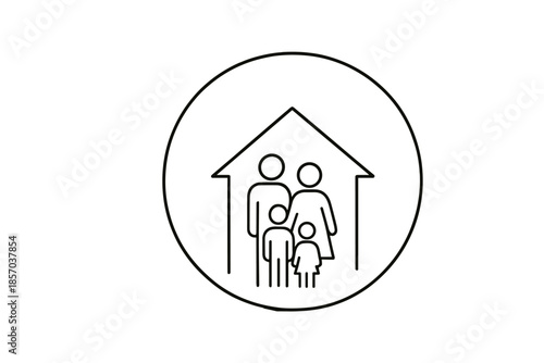 Simple line art icon representing a family inside a house outline