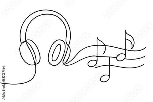 Minimalist continuous line drawing of headphones and musical notes on a white background