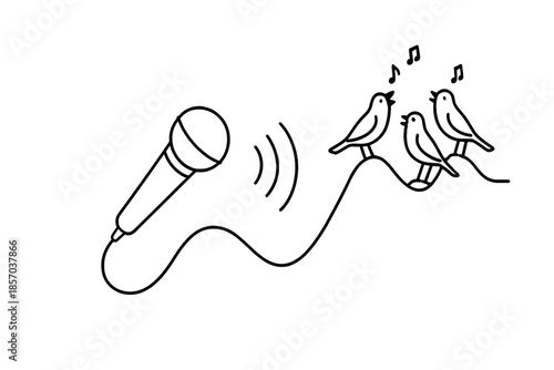 Microphone broadcasting sound waves to birds singing on a wavy line
