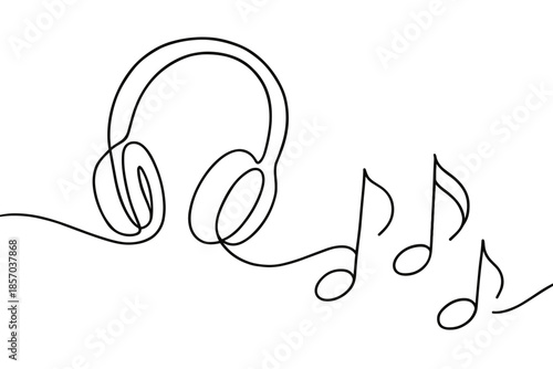 Minimalist single line drawing of headphones with musical notes flowing out