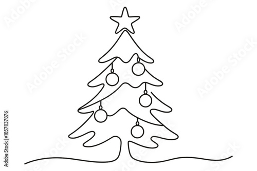 Minimalist continuous line drawing of a decorated Christmas tree with a star on top