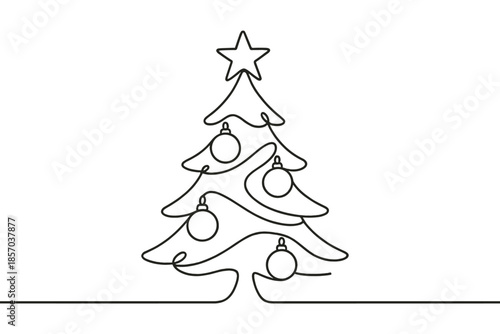 Minimalist continuous line drawing of a decorated Christmas tree with a star on top
