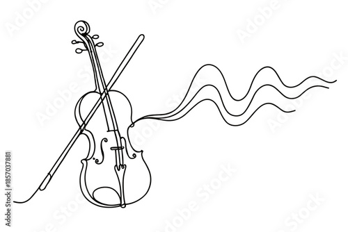 Minimalist single line drawing of a violin with musical notes flowing outwards