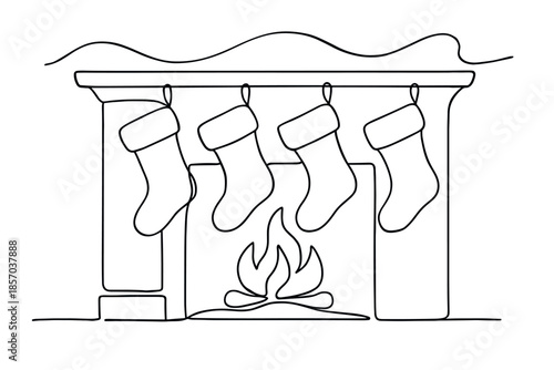 Minimalist continuous line drawing of a fireplace with stockings and a warm fire