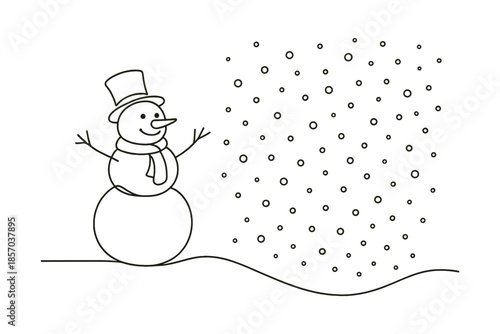 Simple line art snowman with falling snow, a cheerful winter scene illustration