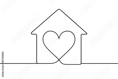 Minimalist single line drawing of a house with a heart inside, symbolizing love and home