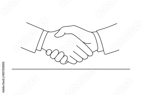 Simple line drawing of two hands shaking in agreement over a table