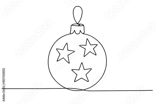 Minimalist continuous line drawing of a Christmas bauble with stars on a white background
