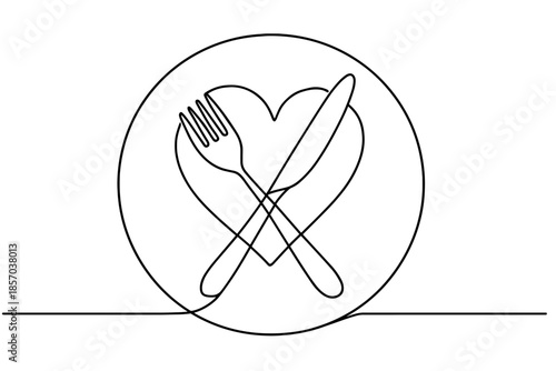 Minimalist continuous line drawing of a fork and knife crossed over a heart on a plate