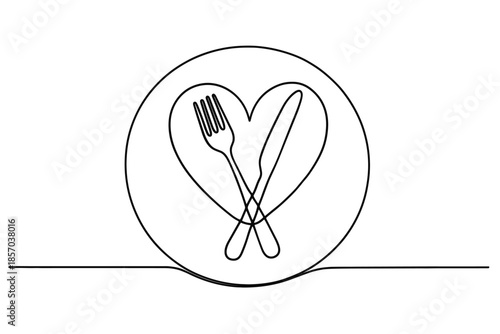 Minimalist continuous line drawing of a fork and knife crossed inside a heart on a plate