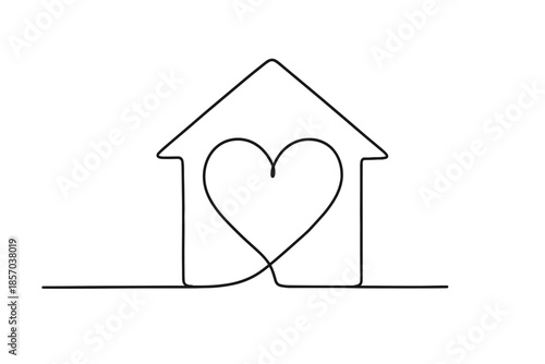 Minimalist single line drawing of a house with a heart inside, symbolizing love and home