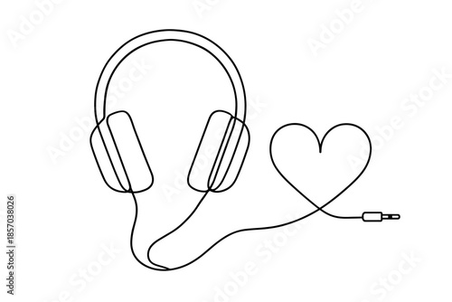 Minimalist line art of headphones with a heart-shaped cord and audio jack