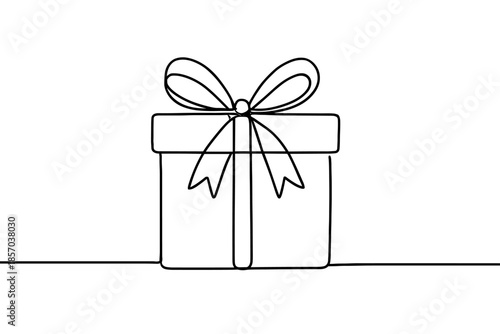 Simple line art gift box with ribbon and bow, minimalist celebration concept