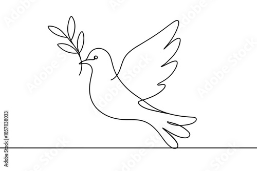 Minimalist single line drawing of a dove carrying an olive branch, symbolizing peace and hope