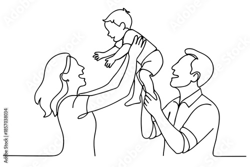 Happy family playing with their child, lifting them up in the air with joy