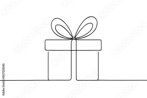 Minimalist single line drawing of a gift box with a bow, symbolizing celebration