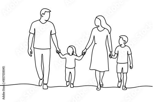 Simple line drawing of a family walking together holding hands