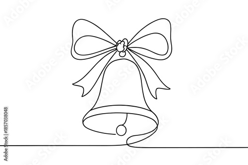 Elegant single line drawing of a festive bell adorned with a classic bow and clapper