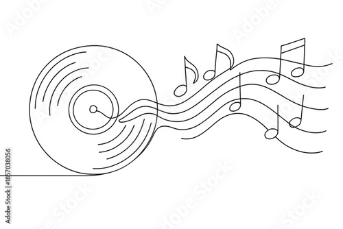 Continuous line drawing of a vinyl record with musical notes flowing out