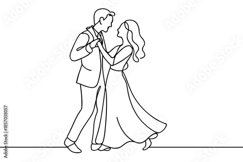 Elegant couple dancing in a continuous line art style, celebrating love and romance