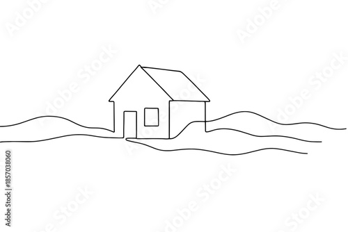 Minimalist single line drawing of a house on wavy ground