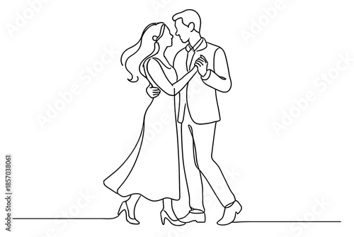 Elegant couple dancing together in a romantic embrace, captured in a single line art style