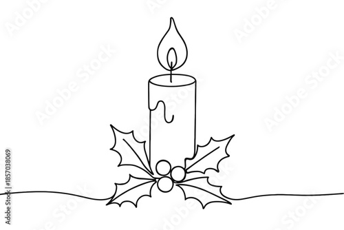 Minimalist line art of a Christmas candle with holly and berries, festive and simple