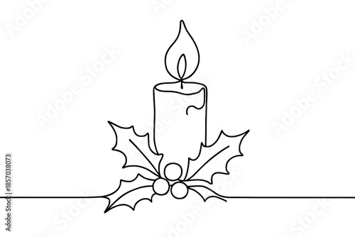 Minimalist single line drawing of a Christmas candle with holly and berries