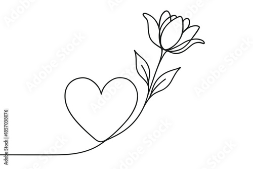 Minimalist line art of a heart intertwined with a blooming flower and leaves
