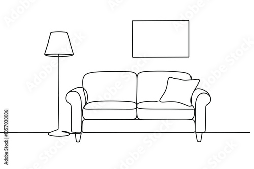 Minimalist line art of a sofa with a floor lamp and framed art on the wall