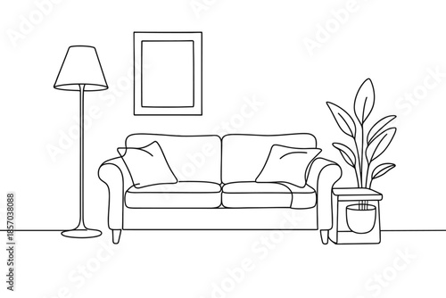 Minimalist line art living room scene with sofa, floor lamp, and potted plant