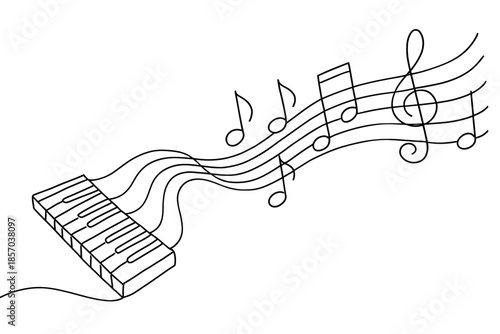Simple line art illustration of a piano keyboard with musical notes flowing out