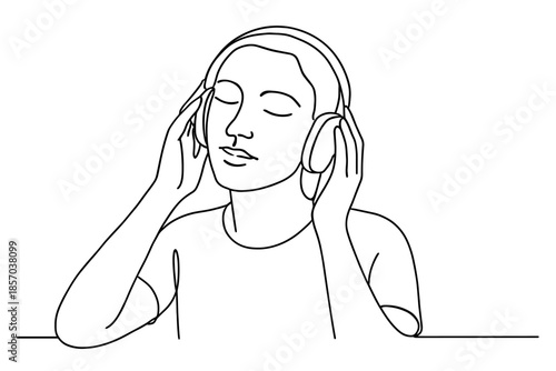 Minimalist line art of a person with eyes closed listening to music on headphones