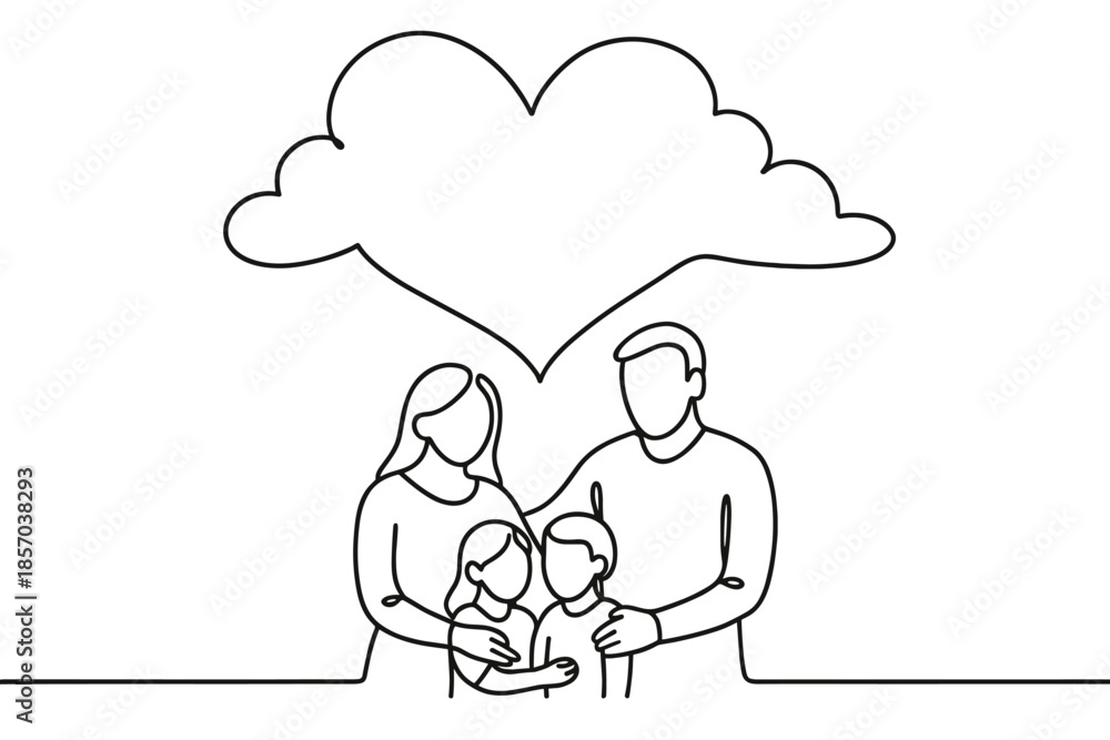 Obraz premium Minimalist line art of a loving family with a heart-shaped thought bubble above them