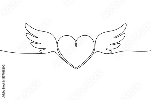 Minimalist single line drawing of a heart with wings, symbolizing love and freedom