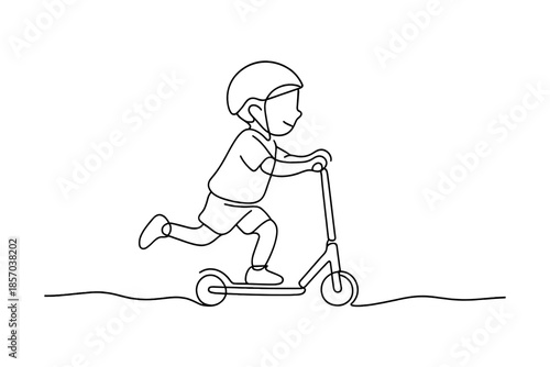 Minimalist line art of a child riding a scooter, wearing a helmet for safety