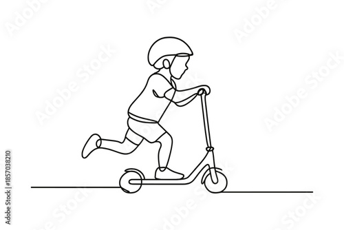 Continuous line drawing of a child wearing a helmet riding a scooter outdoors