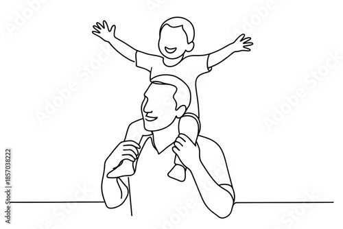 Father carrying his happy child on his shoulders, simple line art illustration