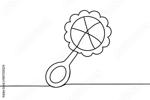 Simple line drawing of a classic baby rattle on a white background