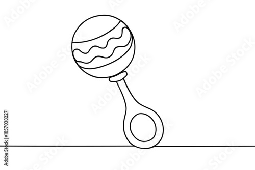 Simple line drawing of a classic baby rattle with wavy stripes on the ball