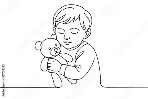 Simple line art drawing of a child holding a teddy bear with eyes closed in a gentle embrace
